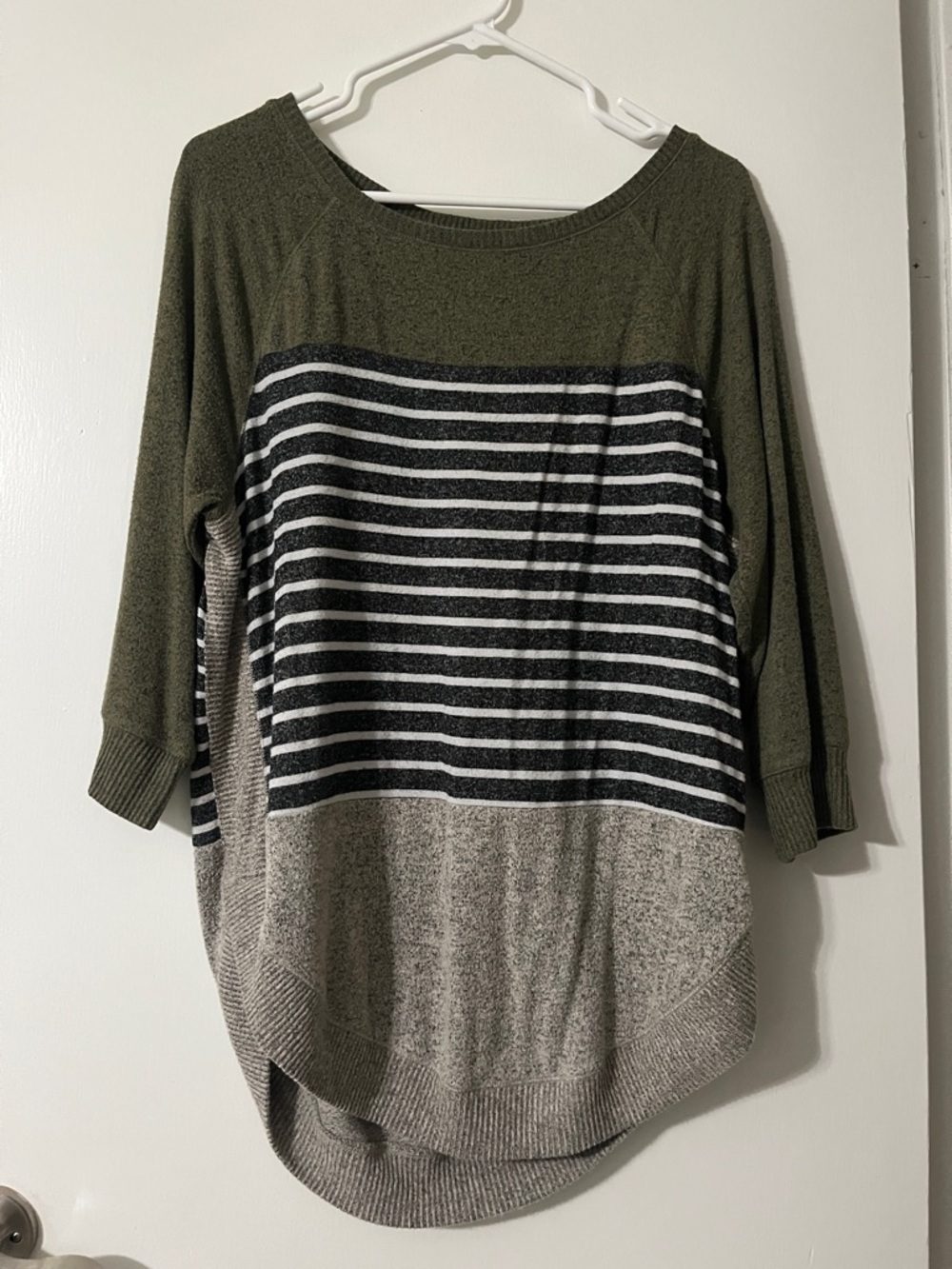 Maurices Olive Green, Black & White Striped Knit Pullover